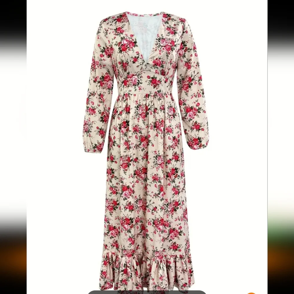 Romantic Boho maxi with pink and Red Floral Print On Beige Background. SIZE L. - Picture 4 of 6